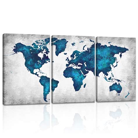 3 Panels World Map Canvas Wall Art Vintage Blue Map of The World Canvas ...