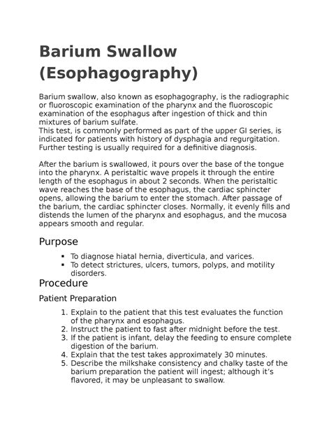 Barium Swallow - carmines - Barium Swallow (Esophagography) Barium swallow, also known as - Studocu