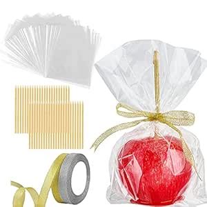 Ocmoiy DIY Candy Apple Kits - 100 Pcs Sticks and Bags With 50 Yard Gold ...