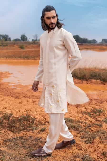 Buy Beige Kurta Chanderi Silk Hand Embroidered Metallic Trims Soothing ...