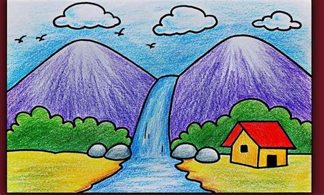Topics:–––––1. Draw a scenery with house, rock, trees, river and birds ...