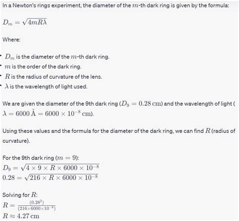 The diameter of 9th dark ring in a newton's ring experiment is 0.28 cm ...