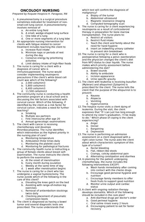 Oncology Nursing - Exam - ONCOLOGY NURSING Prepared by Roquee Hospicio H. Paragoso, RN A - Studocu