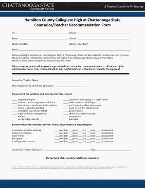 Fillable Online chattanoogastate Collegiate High Counselor Teacher ...