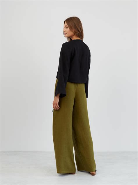 Linen Wide Leg Drawstring Pants in Moss Green LUCAS