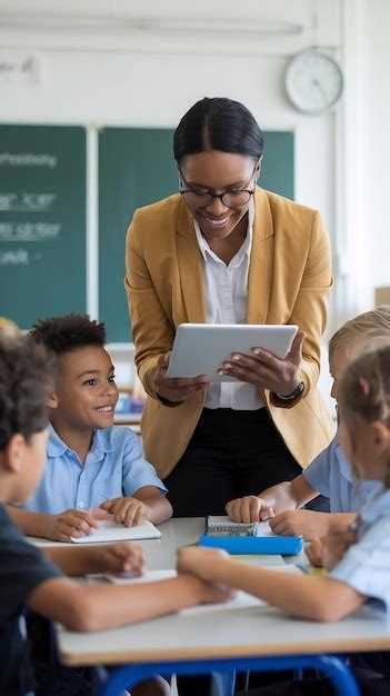 Elementary school classroom enthusiastic teacher holding tablet ...