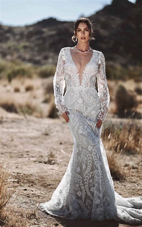 Glamourous Long Sleeve Lace Column Wedding Dress with Sparkle Underlay
