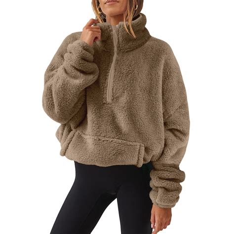 Women Sherpa Pullover Fuzzy Fleece Half Zip Tops Solid Color Long ...
