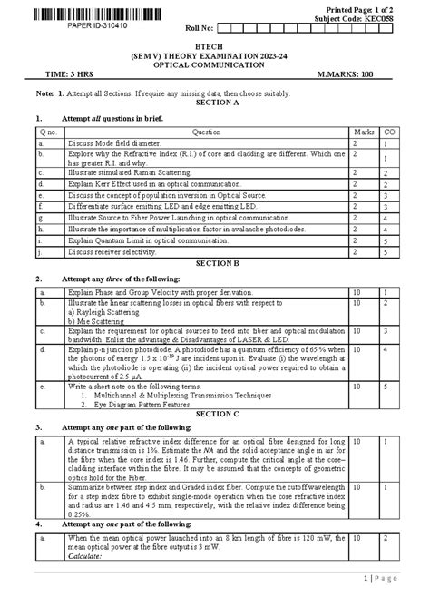 KEC058 2023-24 - Optical Communication Question Paper Exam - Studocu