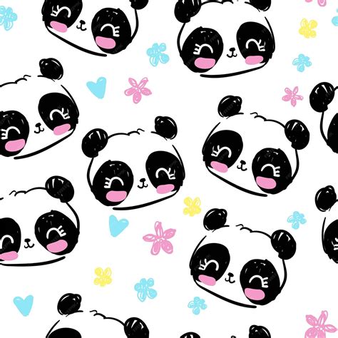 Hand drawn panda bear with flowers seamless pattern, cute print design ...