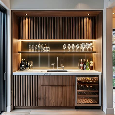 Stylish Modern Wet Bar with Walnut Paneling