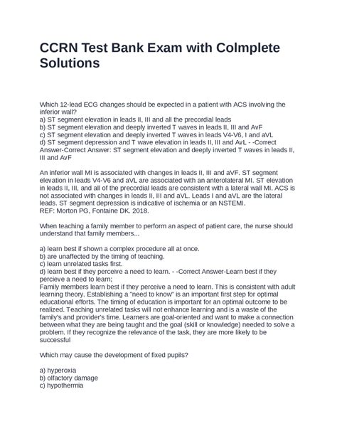 CCRN Test Bank Exam with Complete Solutions: Critical Care Nursing ...