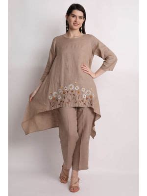 Buy Linen Bloom Khaki High - Low Floral embroidered Tunic Online