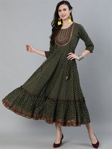 Buy Ishin Women's Cotton Green Embroidered Anarkali Dress Online