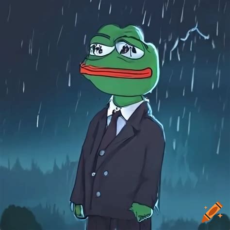 Image of a sad Pepe standing alone in the rain on Craiyon