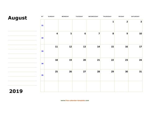 Printable August 2019 Calendar (box and lines for notes) | Free ...