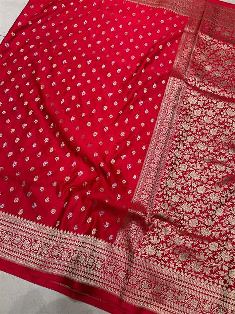 Red Sona Roopa Floral Butti Banarasi Silk Saree