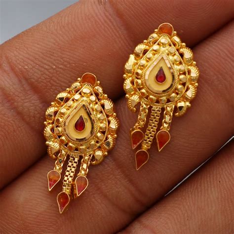 22k Yellow Gold Stud Earrings , Handmade Yellow Gold Earrings for Women ...