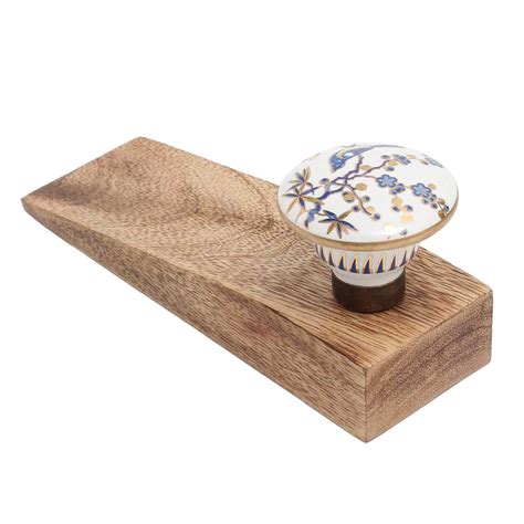 Blue Bird Golden Berry Ceramic Floral Wooden Door Stopper
