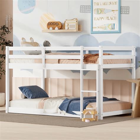 Euroco Twin over Twin Floor Bunk Beds with Ladder and Guardrail, White ...