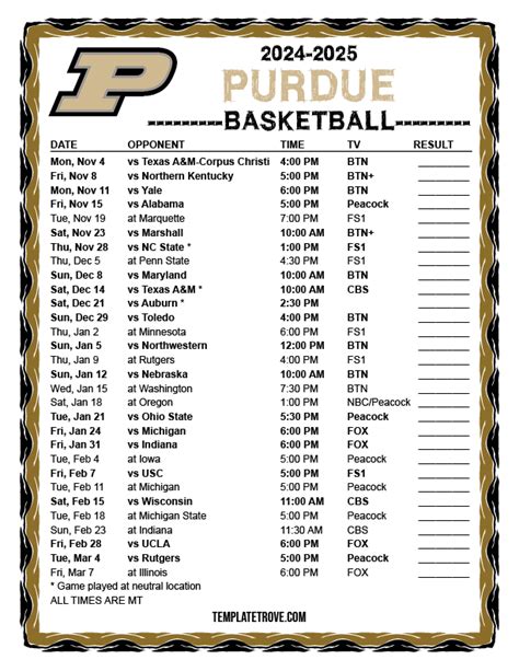 Printable 2024-2025 Purdue Boilermakers Basketball Schedule