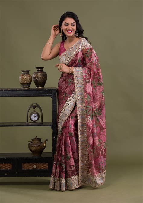 Buy Onion Pink Stonework Tissue Saree - Koskii