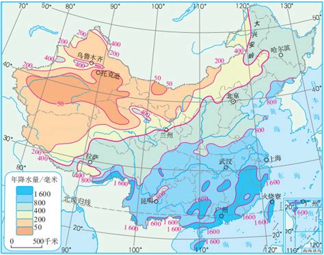 中国年降水量的分布示意图_中国地图_初高中地理网