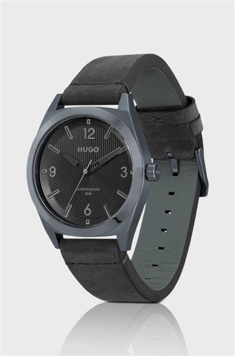 HUGO - Grey-plated watch with black textured dial - Black