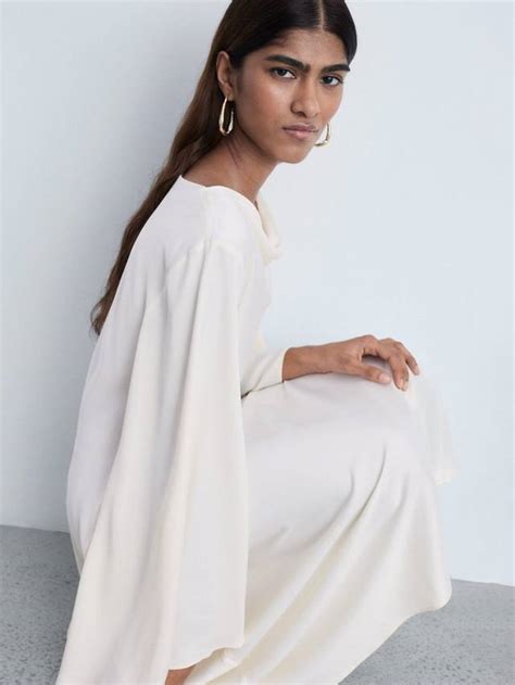 Mango Maria Flared Sleeve Satin Dress, Natural White