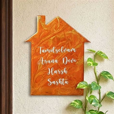 Buy Orange & Gold Minimal Personalized Marble Effect House Shape Resin ...