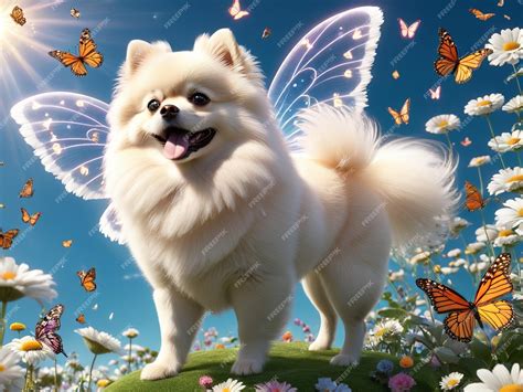 Premium Photo | Cute white pomeranian dog with wings among a lots of ...