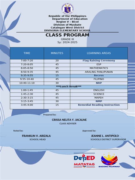 Image result for Grade 3 Class Program Sample