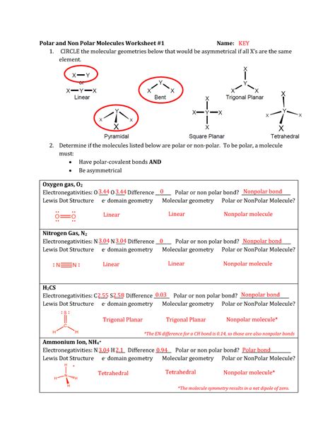 Polar and Non Polar Molecules Worksheet 1 KEY - CIRCLE the ...