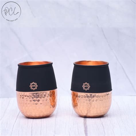 Pure Copper Water Glass Set of 2 Silk Black Half Hammered Dholak Tumbl ...