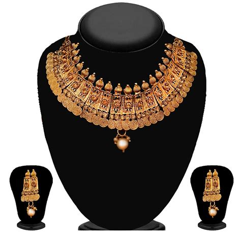 JewelMaze Brown Austrian Stone Gold Plated Traditional Choker Necklace Set