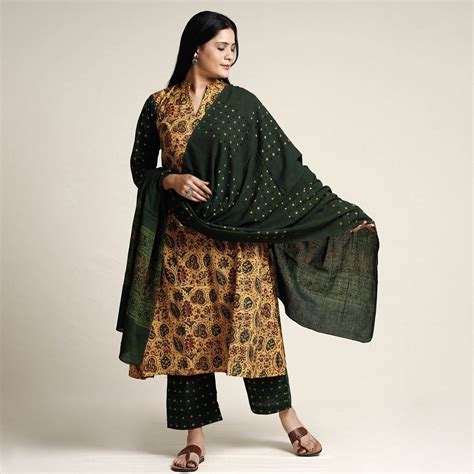 Buy Ajrakh Block Printed Cotton Kurta with Palazzo & Dupatta Set Online ...
