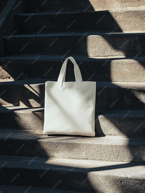 Tote bag mockup template on concrete stairs with sunlit deep shadows ...
