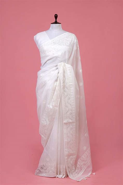 White Floral Embroidered Kota Doria Saree – Chinaya Banaras