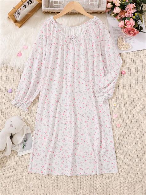 Tween Girl Ditsy Floral Print Flounce Sleeve Bow Front Nightdress ...