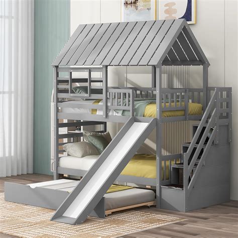 Amazon.com: Wooden Twin Over Twin Bunk Bed with Storage Stairs and Roof ...