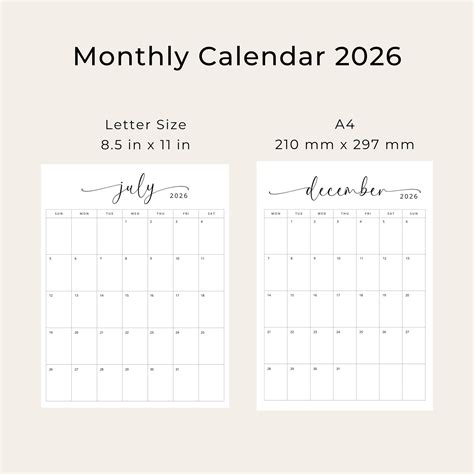 2026 Calendar 2026 Monthly Planner Vertical 2026 Elegant Monthly ...