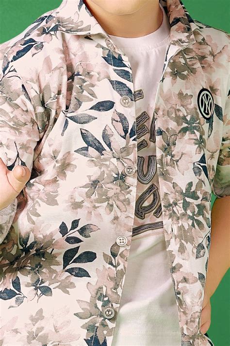 Cream with White Printed Shirt, T-Shirt and Grey Pant Set for Boys ...