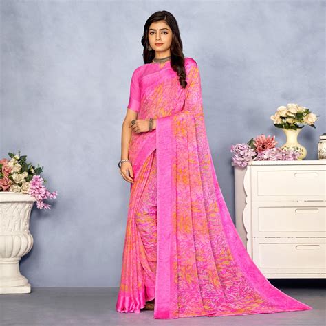 Pink Floral Digital Printed Chiffon Saree