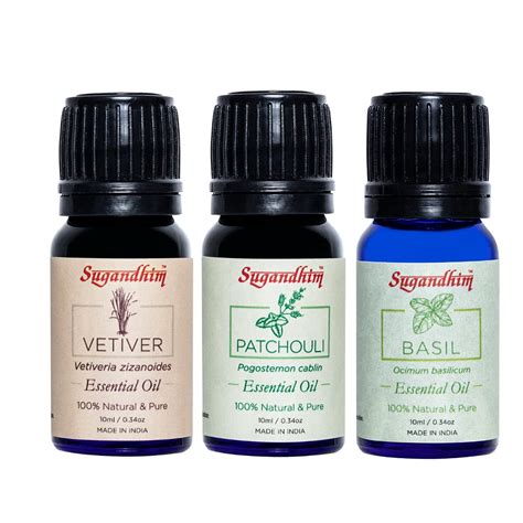Sugandhim Vetivert, Patchouli, Basil Essential Oil, 3 x 10ml, Steam ...