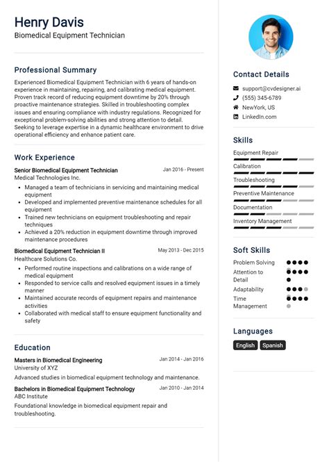17 Biomedical Equipment Technician Resume Examples And Templates for 2025 - ResumeDesign.ai