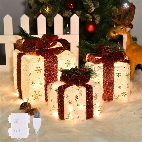 Buy COVFEVER Christmas Lighted Gift Boxes, Pre-lit Plush Fabric Cloth ...