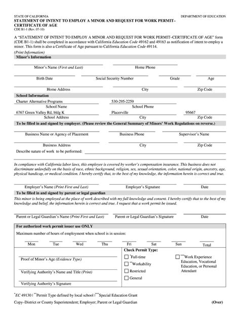 Fillable Online STATEMENT OF INTENT TO EMPLOY A MINOR AND REQUEST FOR ...