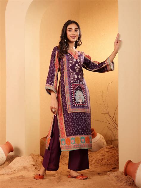 Varanga Women Purple Ethnic Printed Gota Lace Detailed Kurta With Solid ...