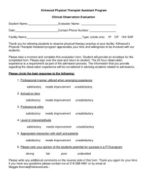 Fillable Online Kirkwood Physical Therapist Assistant Program Clinical ...