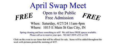 April 2024 Indoor Swap Meet, Walnut Creek Outdoors, Gas City, 27 April ...